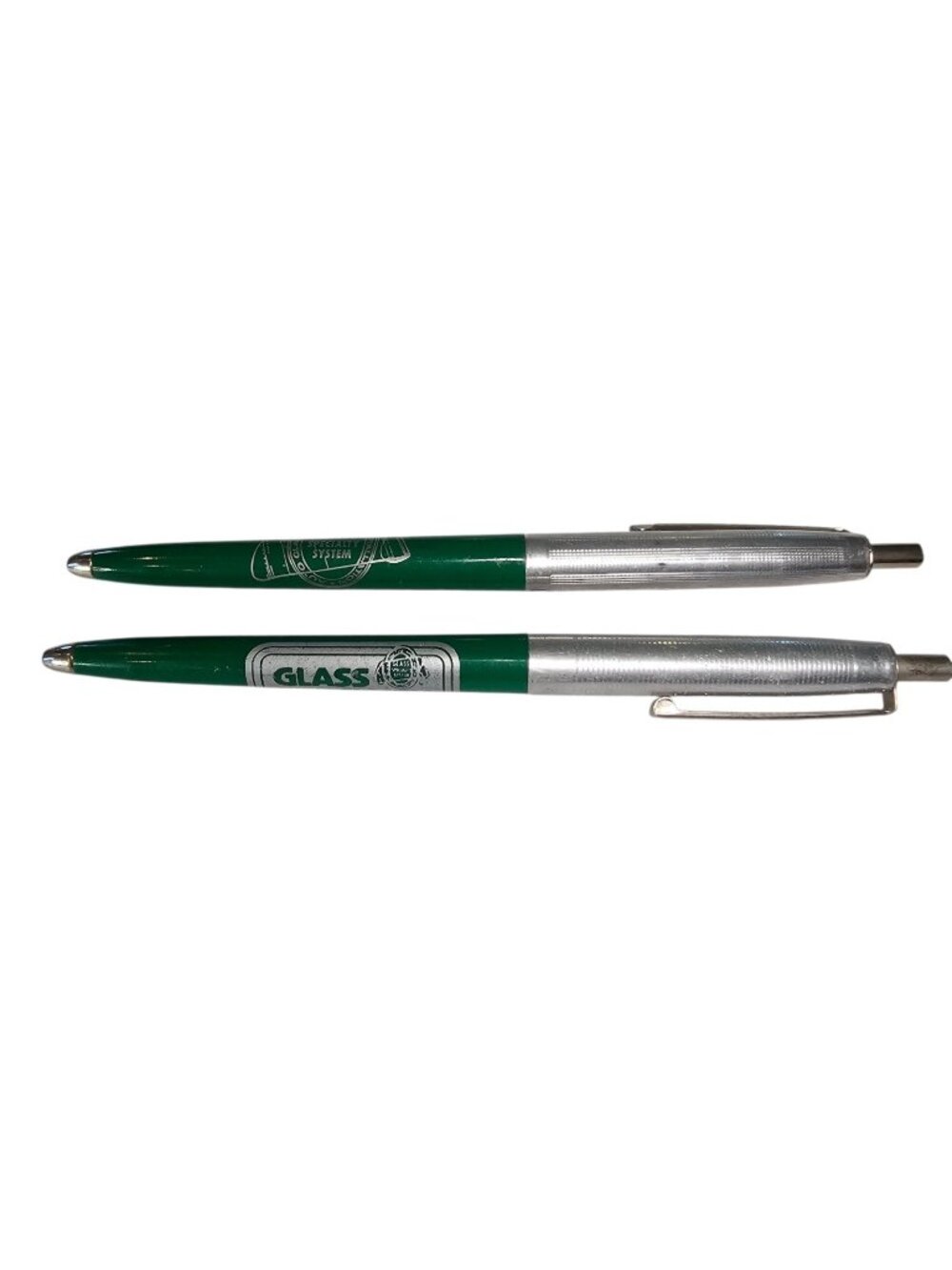 VTG 70s Ballpoint Advertising Pens Glass Specialty System Green Set Of 2 Dry Ink